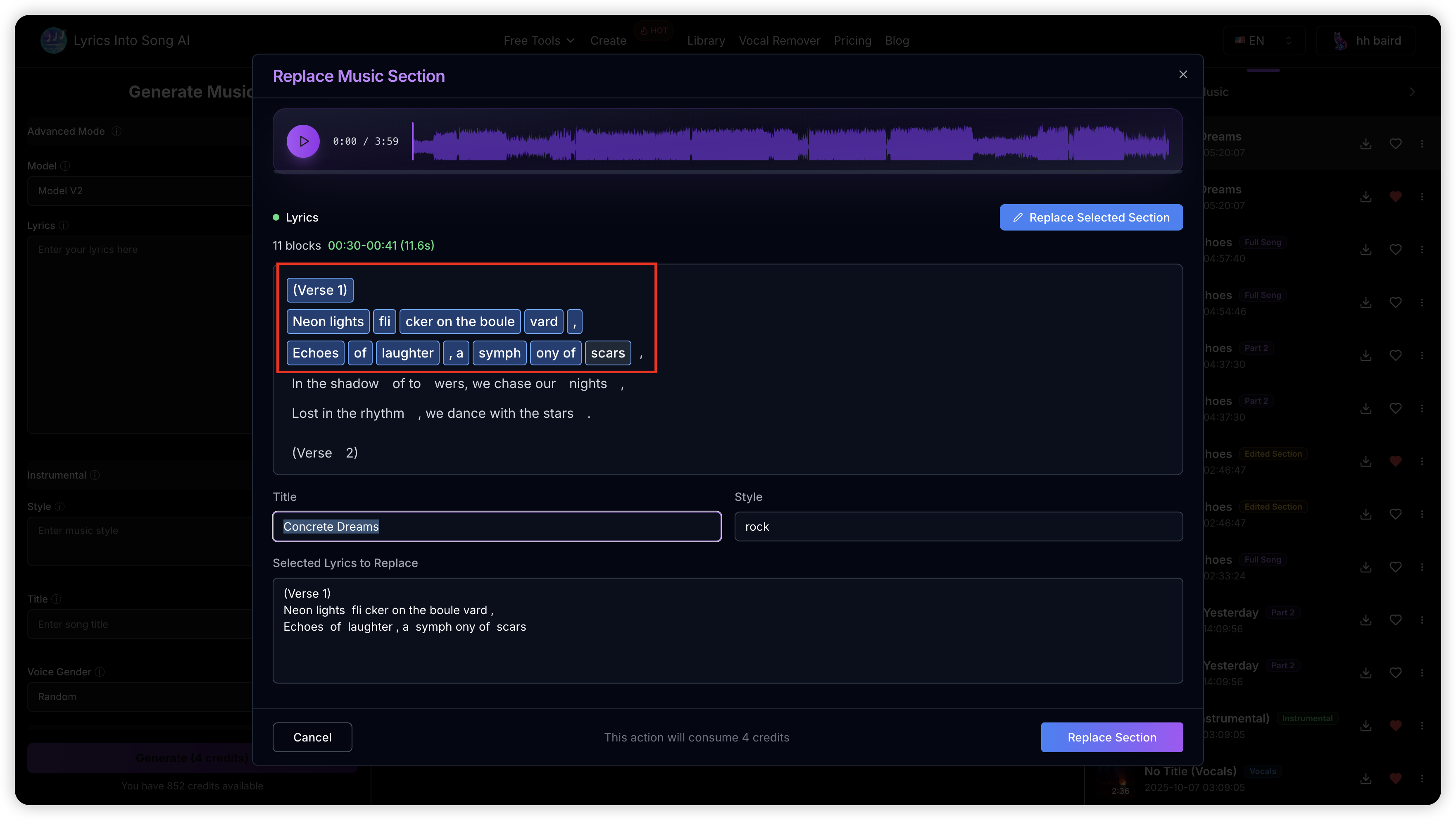 Step 2: Select Lyrics Area