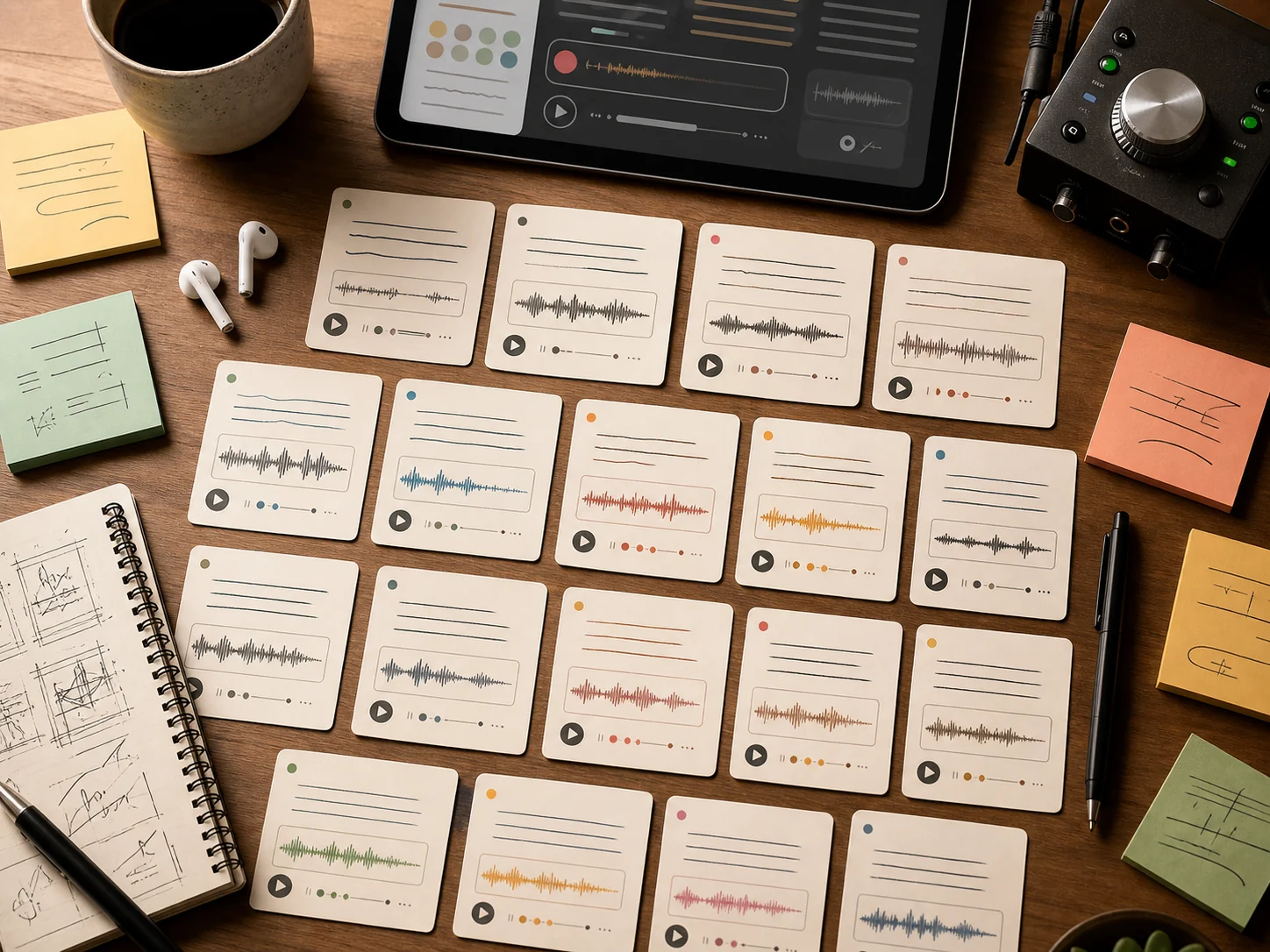 Creative drafting board with multiple text prompts becoming AI music ideas