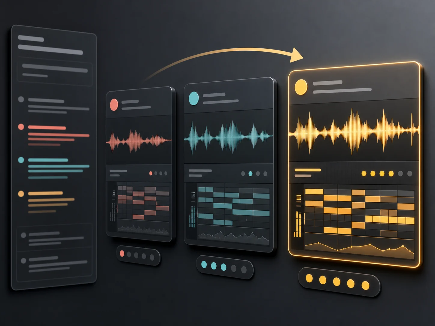 Multiple AI music versions showing prompt iteration from rough draft to polished song