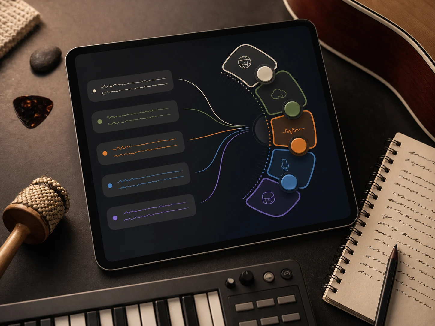 Natural language music prompt controls for genre mood vocals and instruments
