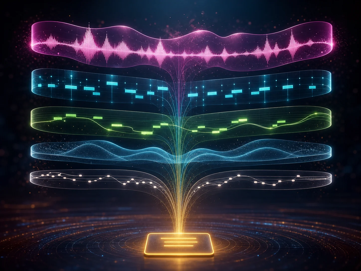 Written prompt transforming into layered vocals drums bass synths and melody